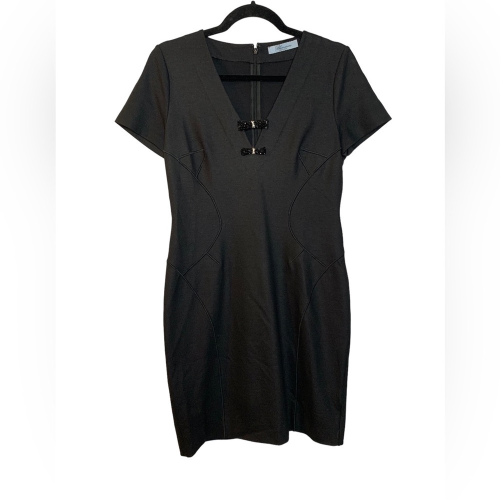 Blumarine Black Square Neckline Bodycon Mini Dress Rhinestone Bows Size 44/US 8